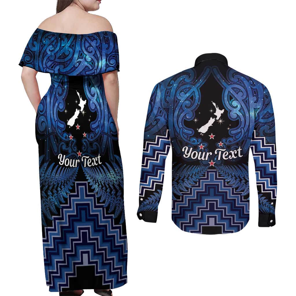 Personalised Aotearoa Matariki Couples Matching Off Shoulder Maxi Dress and Long Sleeve Button Shirt Blue Fern Maori Poutama