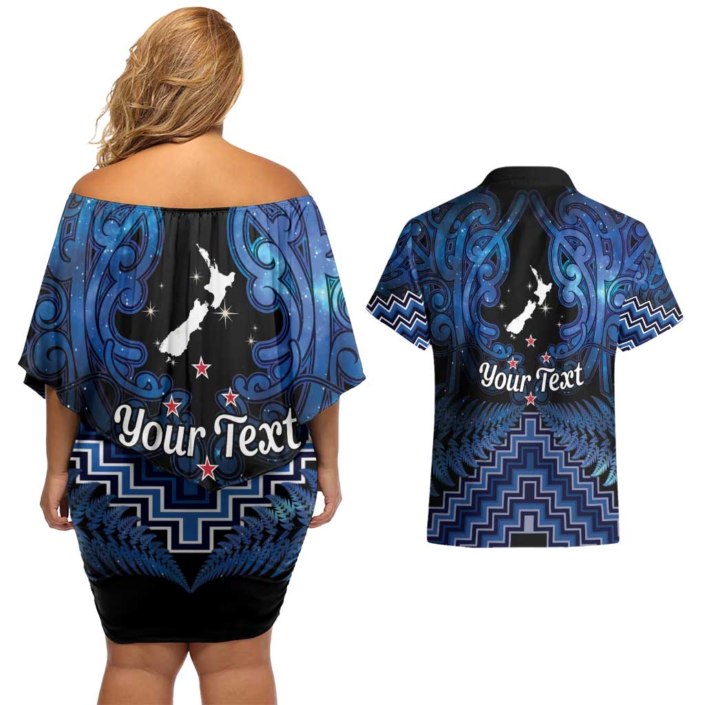 Personalised Aotearoa Matariki Couples Matching Off Shoulder Short Dress and Hawaiian Shirt Blue Fern Maori Poutama