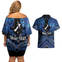 Personalised Aotearoa Matariki Couples Matching Off Shoulder Short Dress and Hawaiian Shirt Blue Fern Maori Poutama