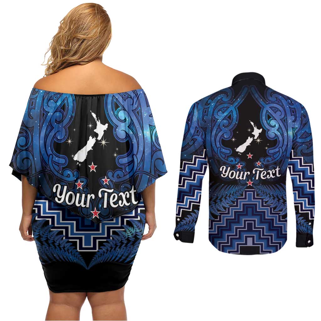 Personalised Aotearoa Matariki Couples Matching Off Shoulder Short Dress and Long Sleeve Button Shirt Blue Fern Maori Poutama