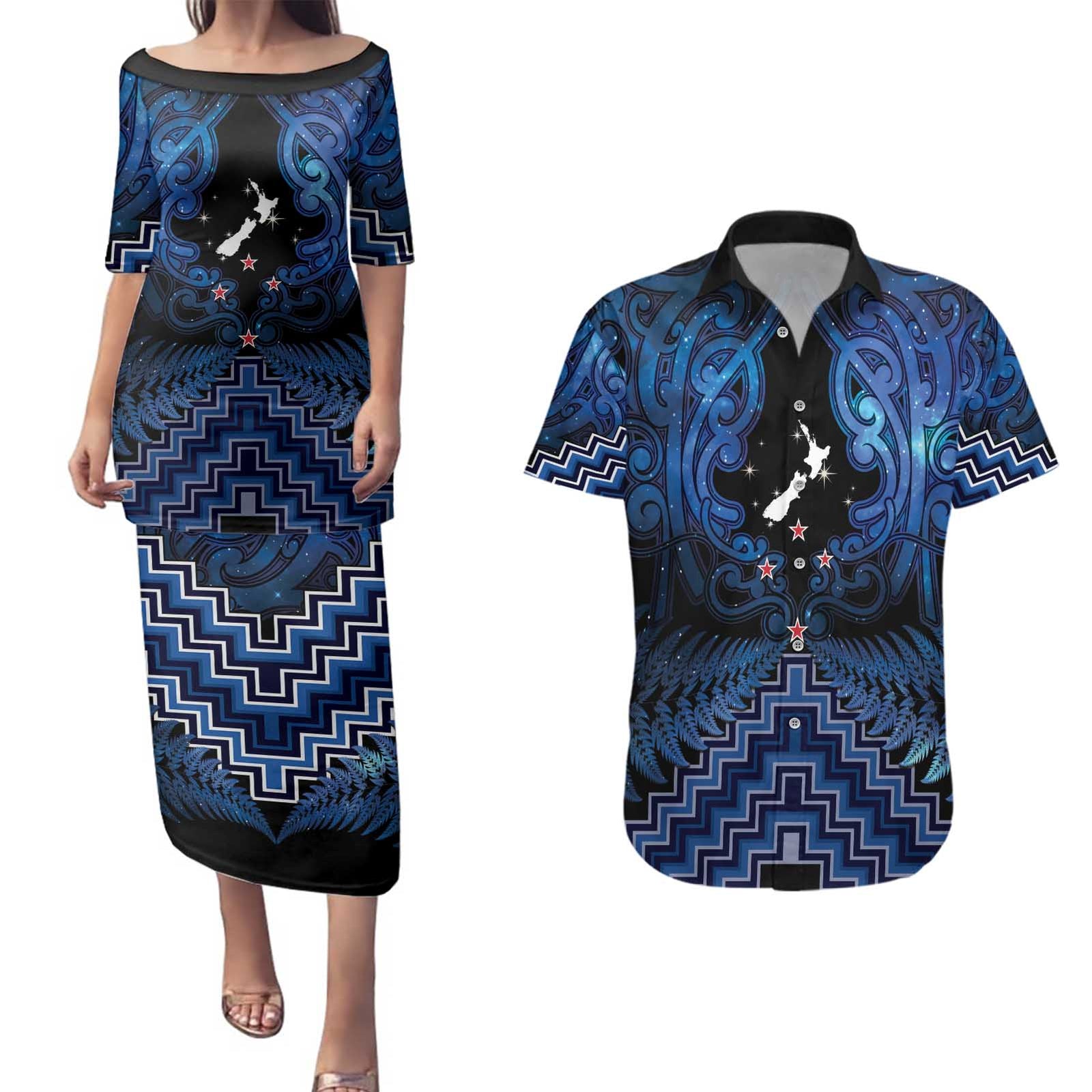 Personalised Aotearoa Matariki Couples Matching Puletasi and Hawaiian Shirt Blue Fern Maori Poutama LT01 Blue - Polynesian Pride