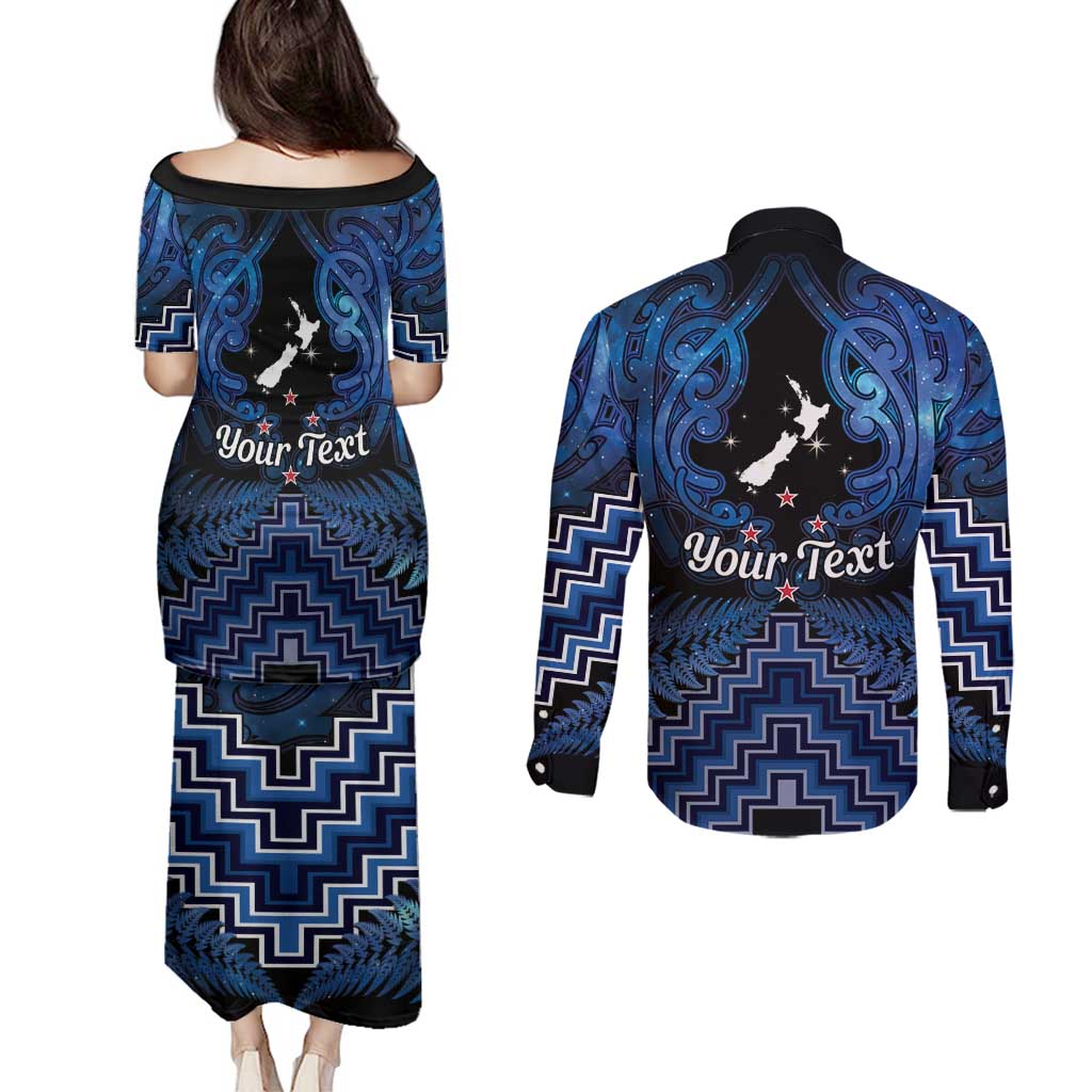 Personalised Aotearoa Matariki Couples Matching Puletasi and Long Sleeve Button Shirt Blue Fern Maori Poutama LT01 - Polynesian Pride