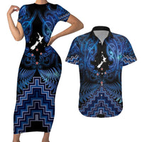 Personalised Aotearoa Matariki Couples Matching Short Sleeve Bodycon Dress and Hawaiian Shirt Blue Fern Maori Poutama