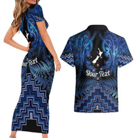 Personalised Aotearoa Matariki Couples Matching Short Sleeve Bodycon Dress and Hawaiian Shirt Blue Fern Maori Poutama