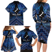 Personalised Aotearoa Matariki Family Matching Long Sleeve Bodycon Dress and Hawaiian Shirt Blue Fern Maori Poutama