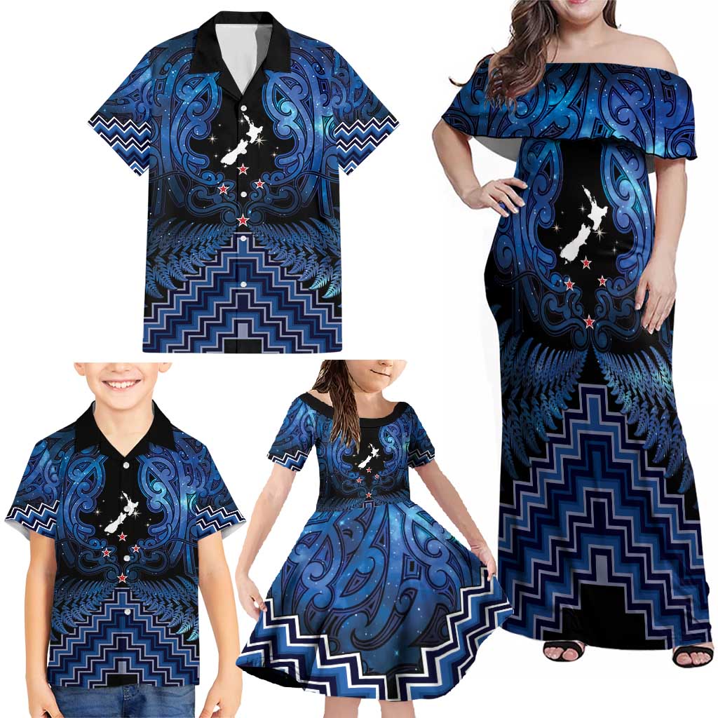 Personalised Aotearoa Matariki Family Matching Off Shoulder Maxi Dress and Hawaiian Shirt Blue Fern Maori Poutama
