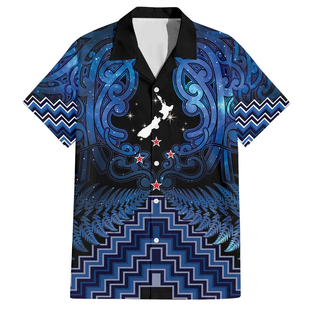 Personalised Aotearoa Matariki Family Matching Off Shoulder Maxi Dress and Hawaiian Shirt Blue Fern Maori Poutama
