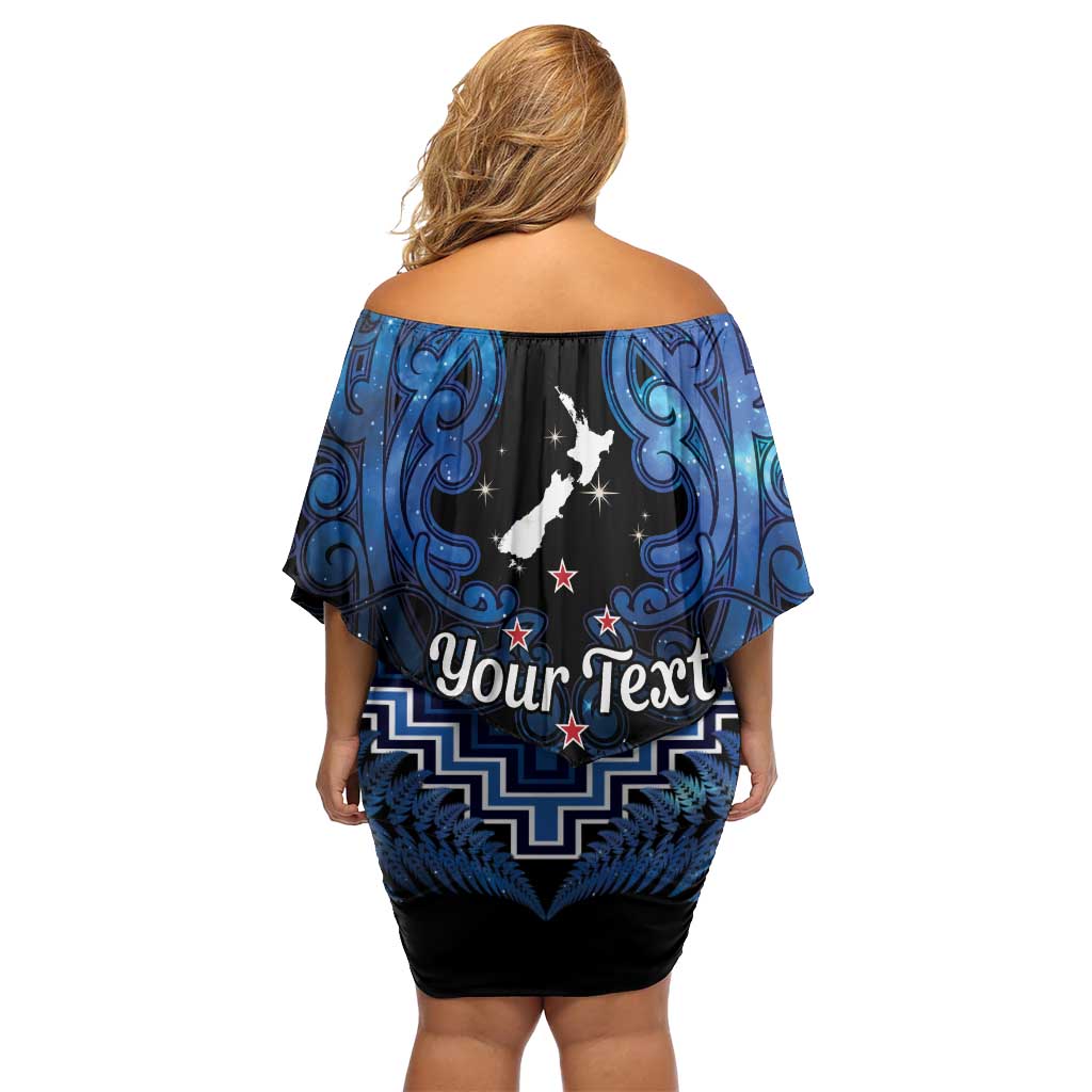 Personalised Aotearoa Matariki Family Matching Off Shoulder Short Dress and Hawaiian Shirt Blue Fern Maori Poutama