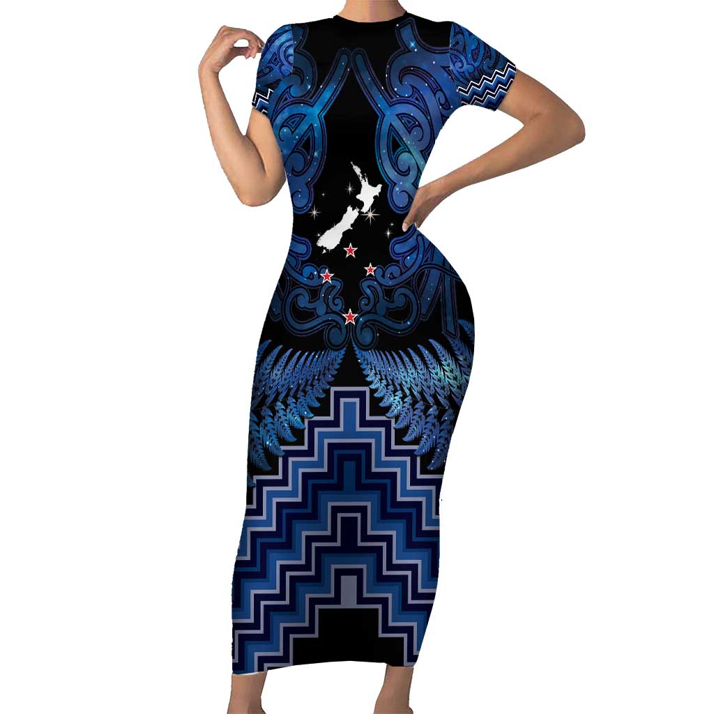 Personalised Aotearoa Matariki Family Matching Short Sleeve Bodycon Dress and Hawaiian Shirt Blue Fern Maori Poutama
