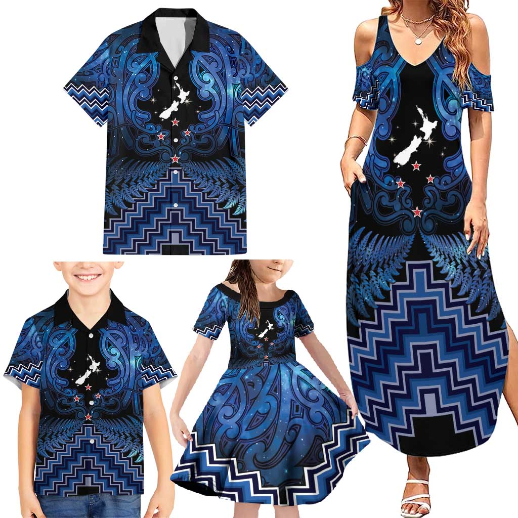 Personalised Aotearoa Matariki Family Matching Summer Maxi Dress and Hawaiian Shirt Blue Fern Maori Poutama
