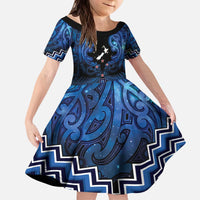 Personalised Aotearoa Matariki Kid Short Sleeve Dress Blue Fern Maori Poutama