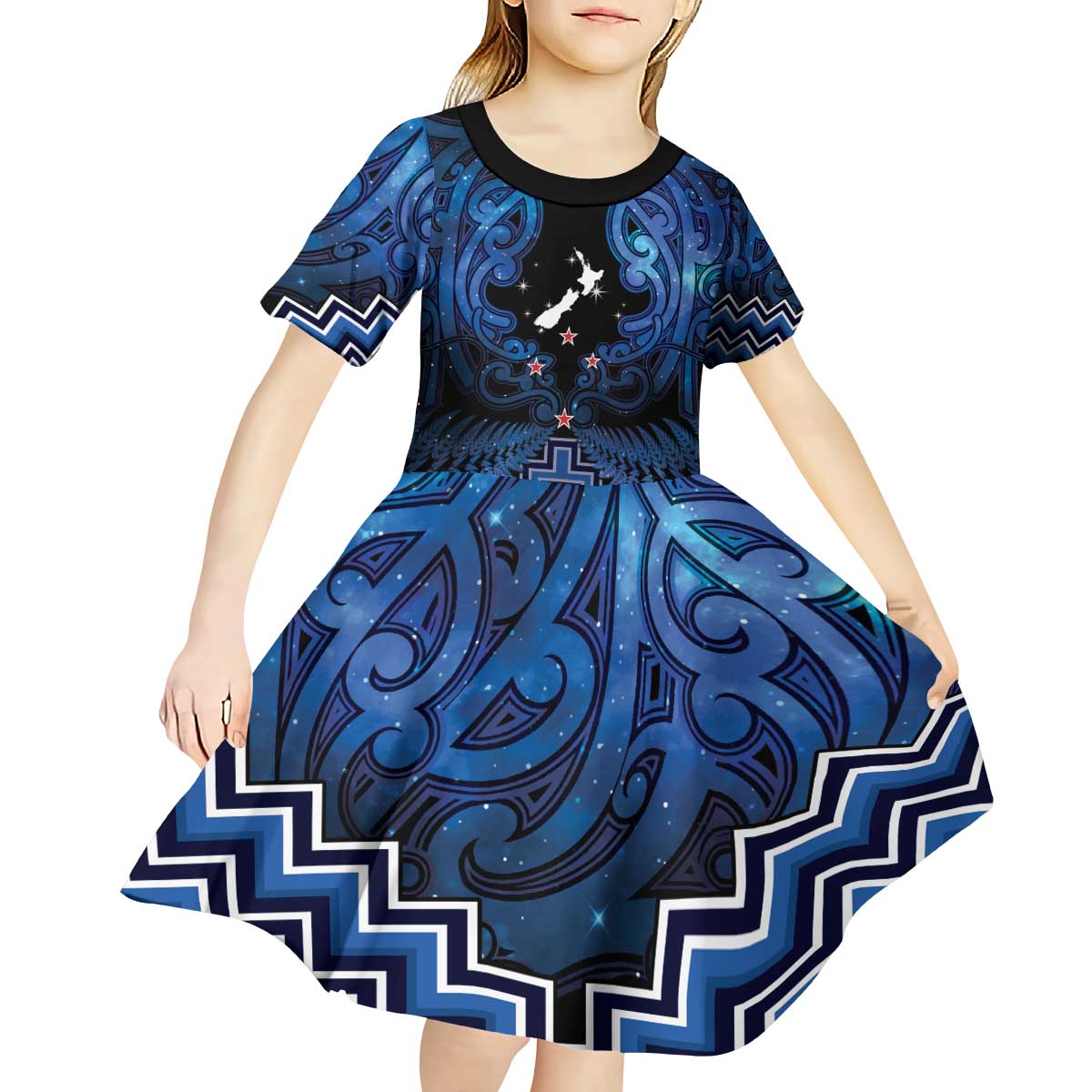 Personalised Aotearoa Matariki Kid Short Sleeve Dress Blue Fern Maori Poutama