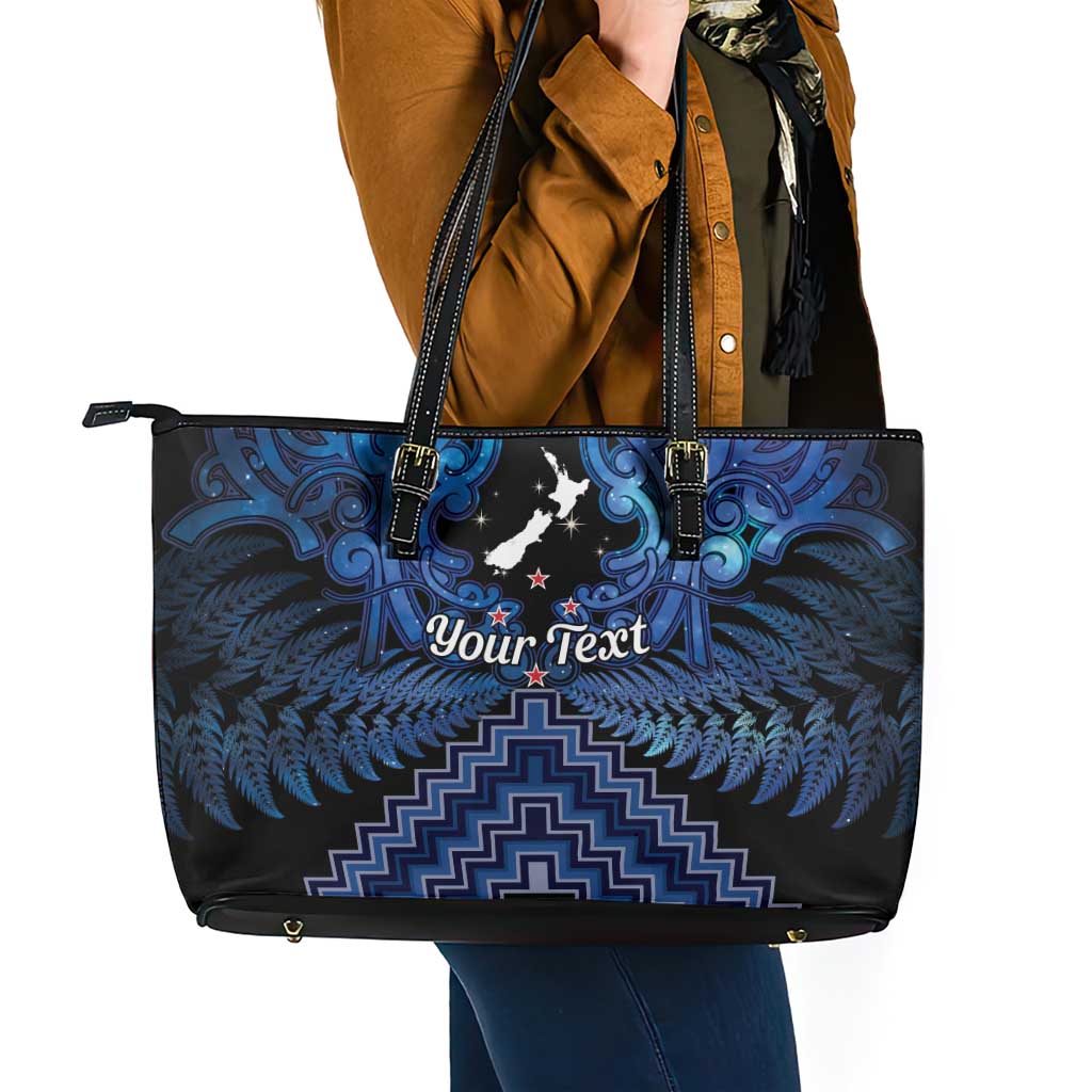 Personalised Aotearoa Matariki Leather Tote Bag Blue Fern Maori Poutama