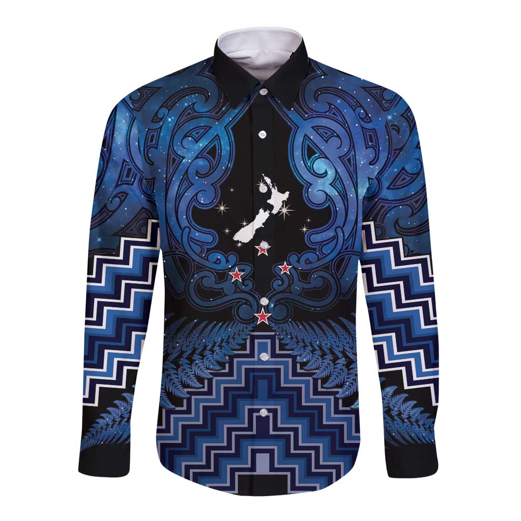 Personalised Aotearoa Matariki Long Sleeve Button Shirt Blue Fern Maori Poutama LT01 Unisex Blue - Polynesian Pride