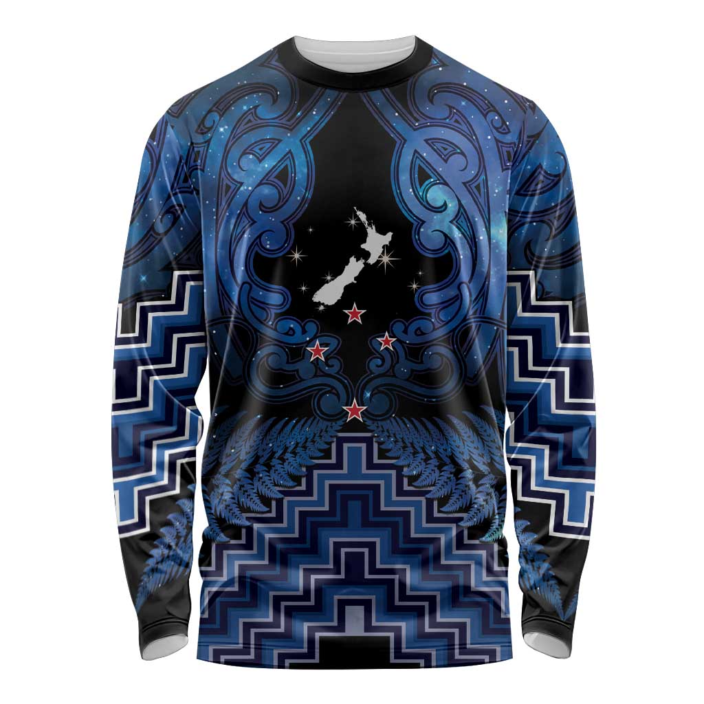 Personalised Aotearoa Matariki Long Sleeve Shirt Blue Fern Maori Poutama LT01 Unisex Blue - Polynesian Pride
