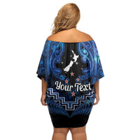 Personalised Aotearoa Matariki Off Shoulder Short Dress Blue Fern Maori Poutama