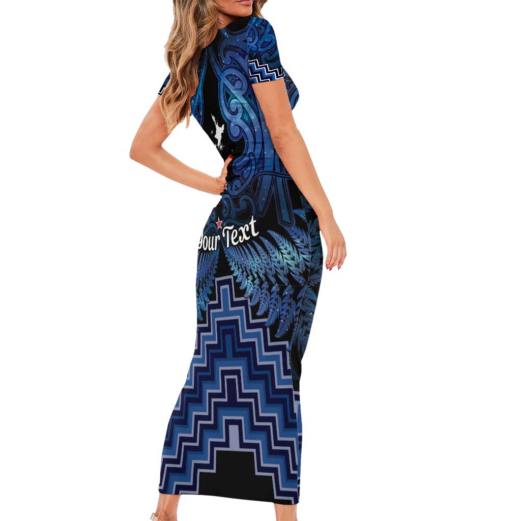 Personalised Aotearoa Matariki Short Sleeve Bodycon Dress Blue Fern Maori Poutama