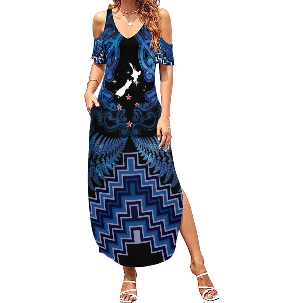 Personalised Aotearoa Matariki Summer Maxi Dress Blue Fern Maori Poutama