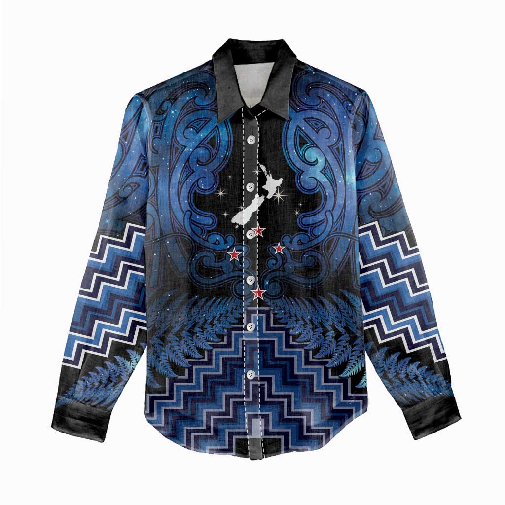 Personalised Aotearoa Matariki Women Casual Shirt Blue Fern Maori Poutama