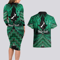 Personalised Aotearoa Matariki Couples Matching Long Sleeve Bodycon Dress and Hawaiian Shirt Green Fern Maori Poutama