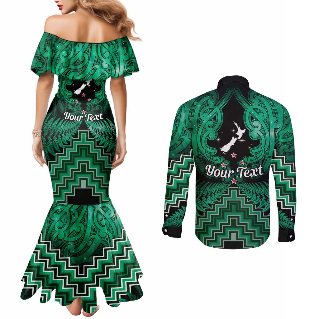 Personalised Aotearoa Matariki Couples Matching Mermaid Dress and Long Sleeve Button Shirt Green Fern Maori Poutama