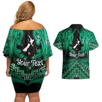 Personalised Aotearoa Matariki Couples Matching Off Shoulder Short Dress and Hawaiian Shirt Green Fern Maori Poutama
