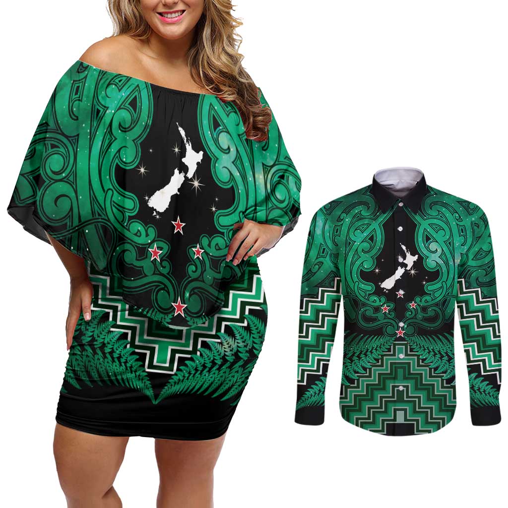 Personalised Aotearoa Matariki Couples Matching Off Shoulder Short Dress and Long Sleeve Button Shirt Green Fern Maori Poutama