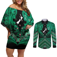 Personalised Aotearoa Matariki Couples Matching Off Shoulder Short Dress and Long Sleeve Button Shirt Green Fern Maori Poutama