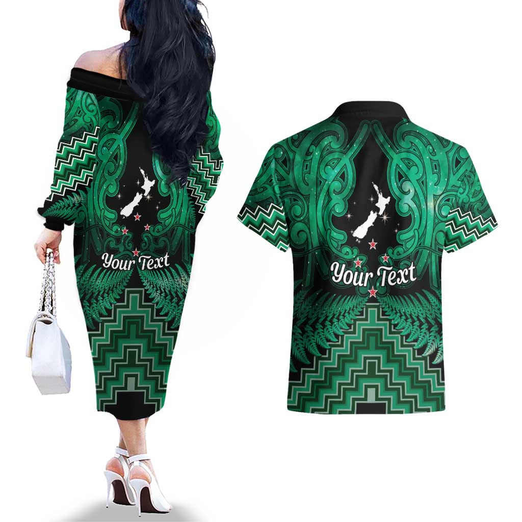 Personalised Aotearoa Matariki Couples Matching Off The Shoulder Long Sleeve Dress and Hawaiian Shirt Green Fern Maori Poutama