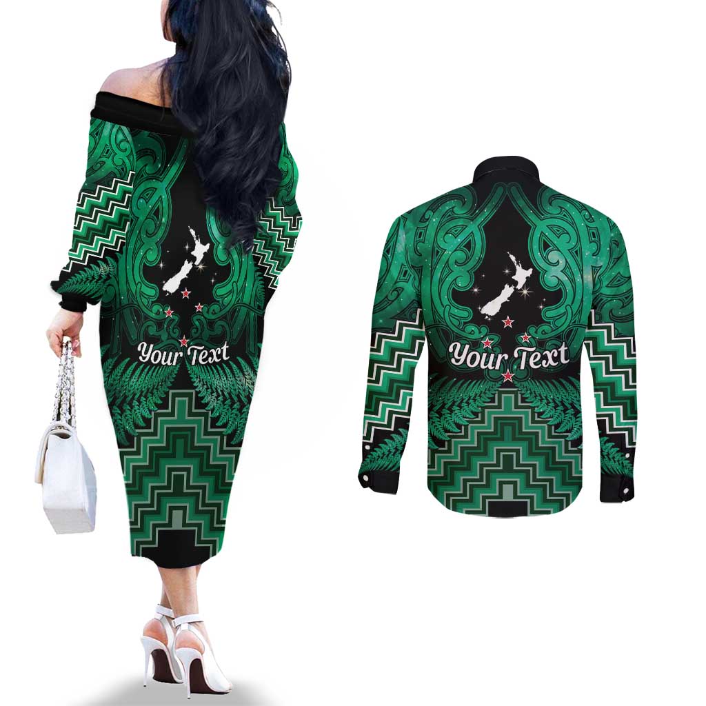 Personalised Aotearoa Matariki Couples Matching Off The Shoulder Long Sleeve Dress and Long Sleeve Button Shirt Green Fern Maori Poutama