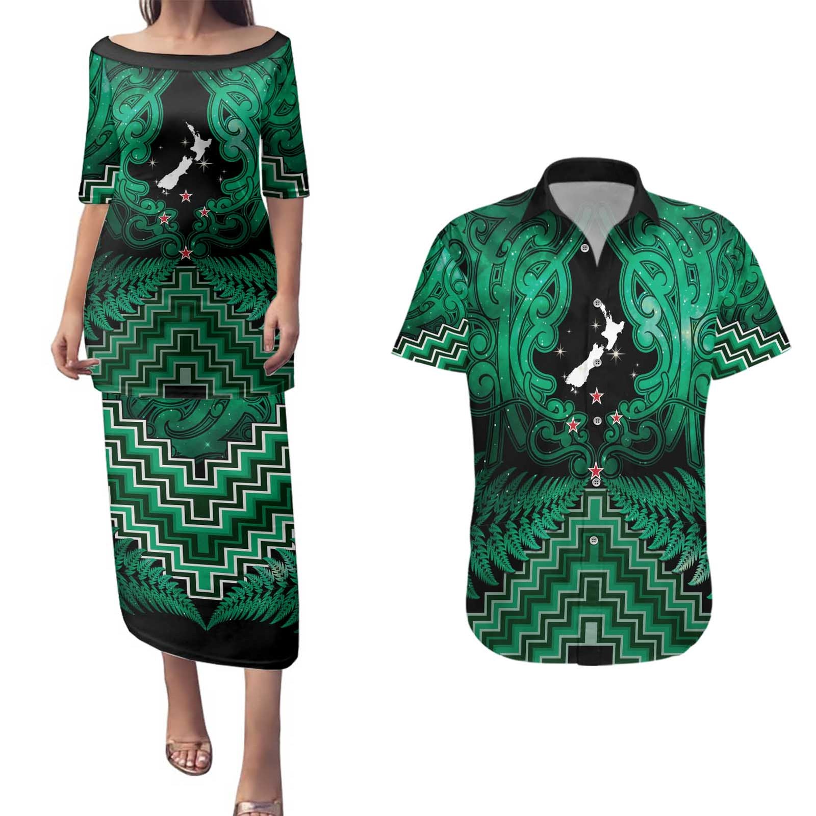 Personalised Aotearoa Matariki Couples Matching Puletasi and Hawaiian Shirt Green Fern Maori Poutama LT01 Green - Polynesian Pride