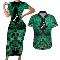 Personalised Aotearoa Matariki Couples Matching Short Sleeve Bodycon Dress and Hawaiian Shirt Green Fern Maori Poutama