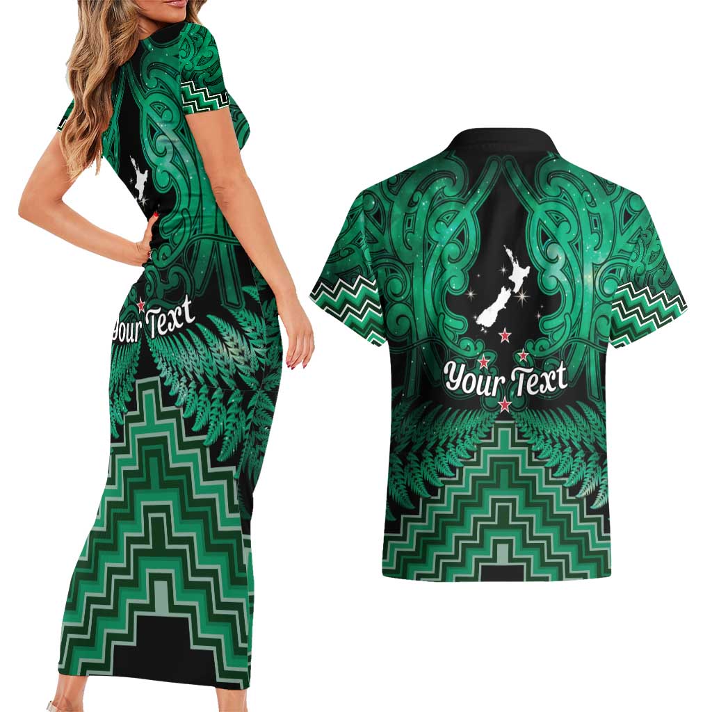Personalised Aotearoa Matariki Couples Matching Short Sleeve Bodycon Dress and Hawaiian Shirt Green Fern Maori Poutama