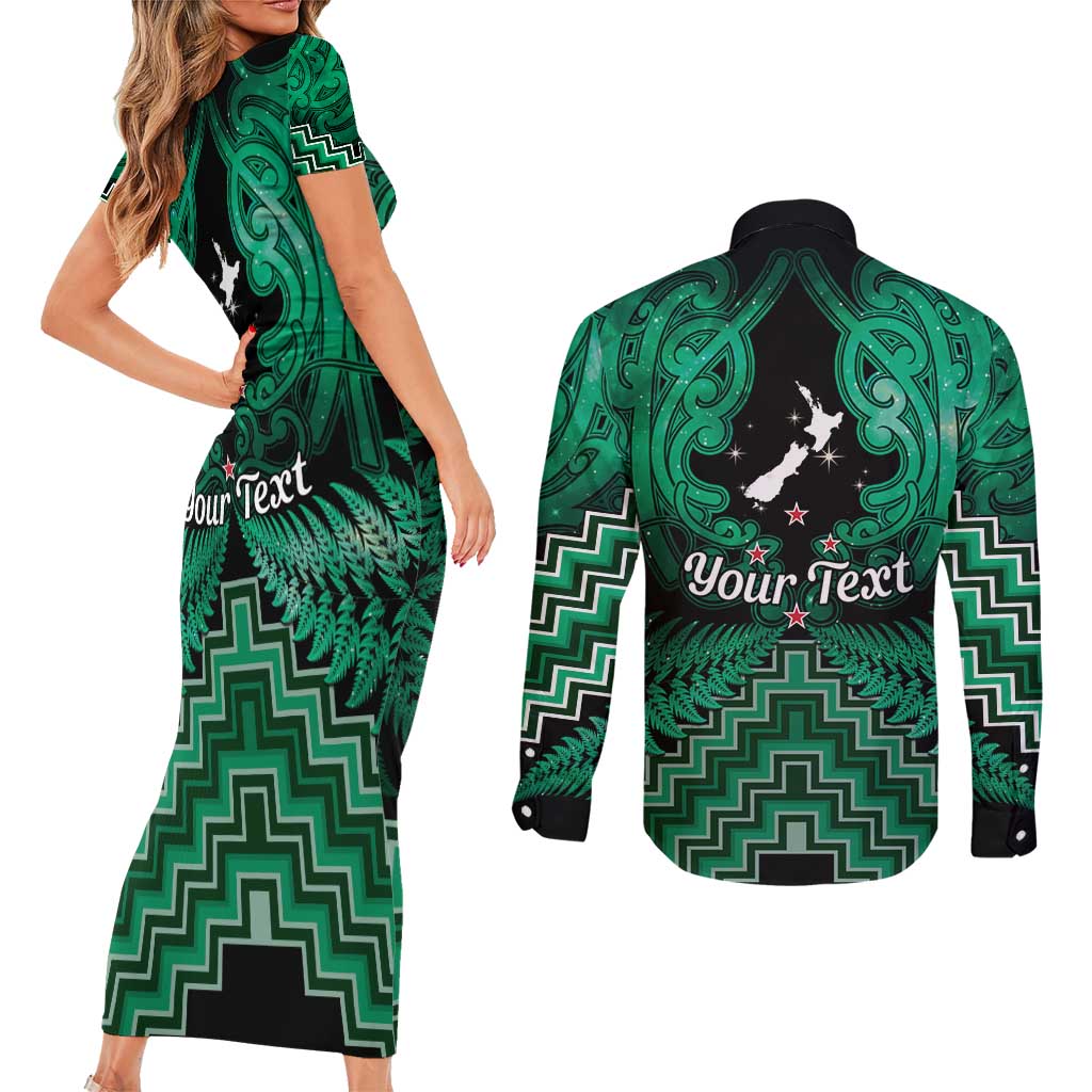 Personalised Aotearoa Matariki Couples Matching Short Sleeve Bodycon Dress and Long Sleeve Button Shirt Green Fern Maori Poutama