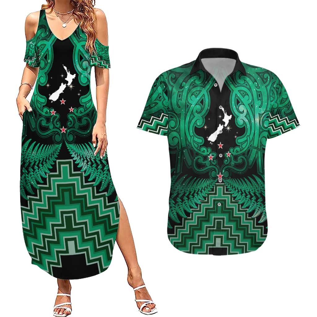 Personalised Aotearoa Matariki Couples Matching Summer Maxi Dress and Hawaiian Shirt Green Fern Maori Poutama