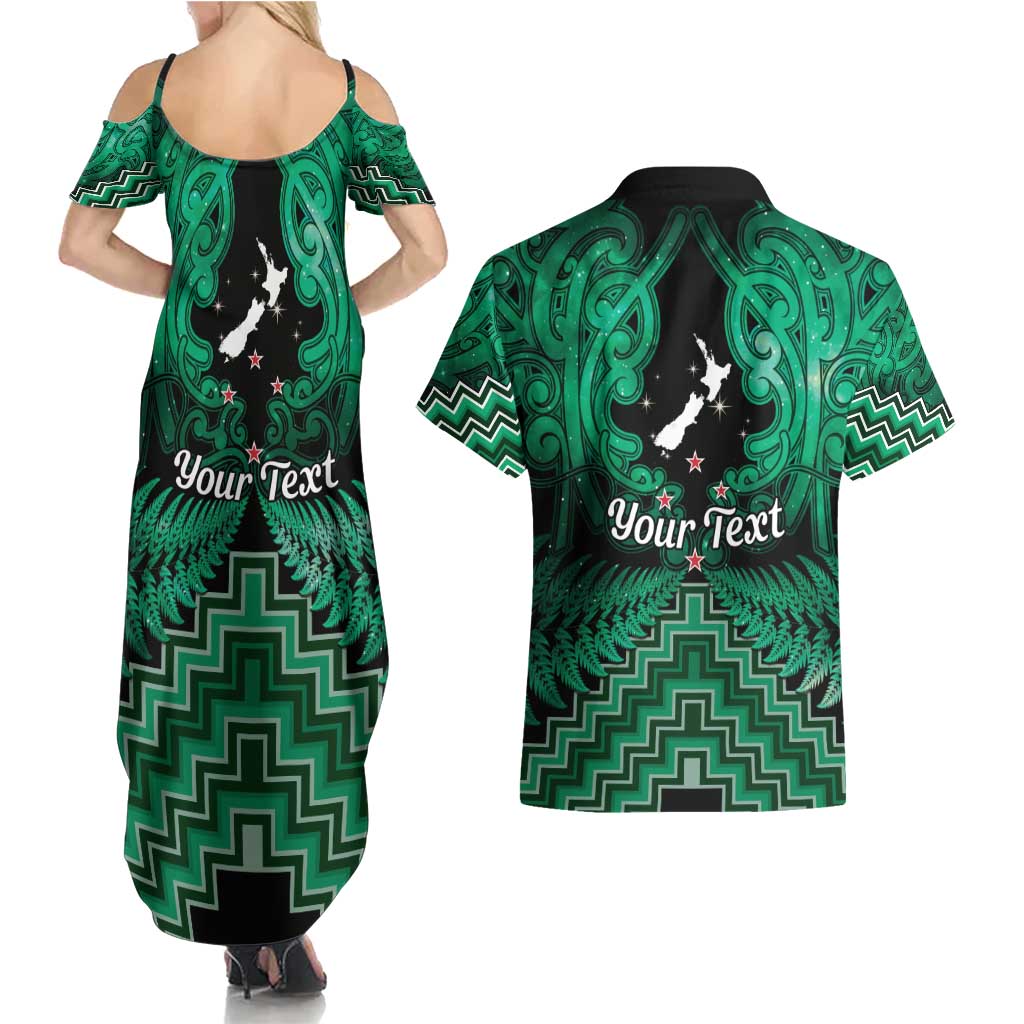 Personalised Aotearoa Matariki Couples Matching Summer Maxi Dress and Hawaiian Shirt Green Fern Maori Poutama