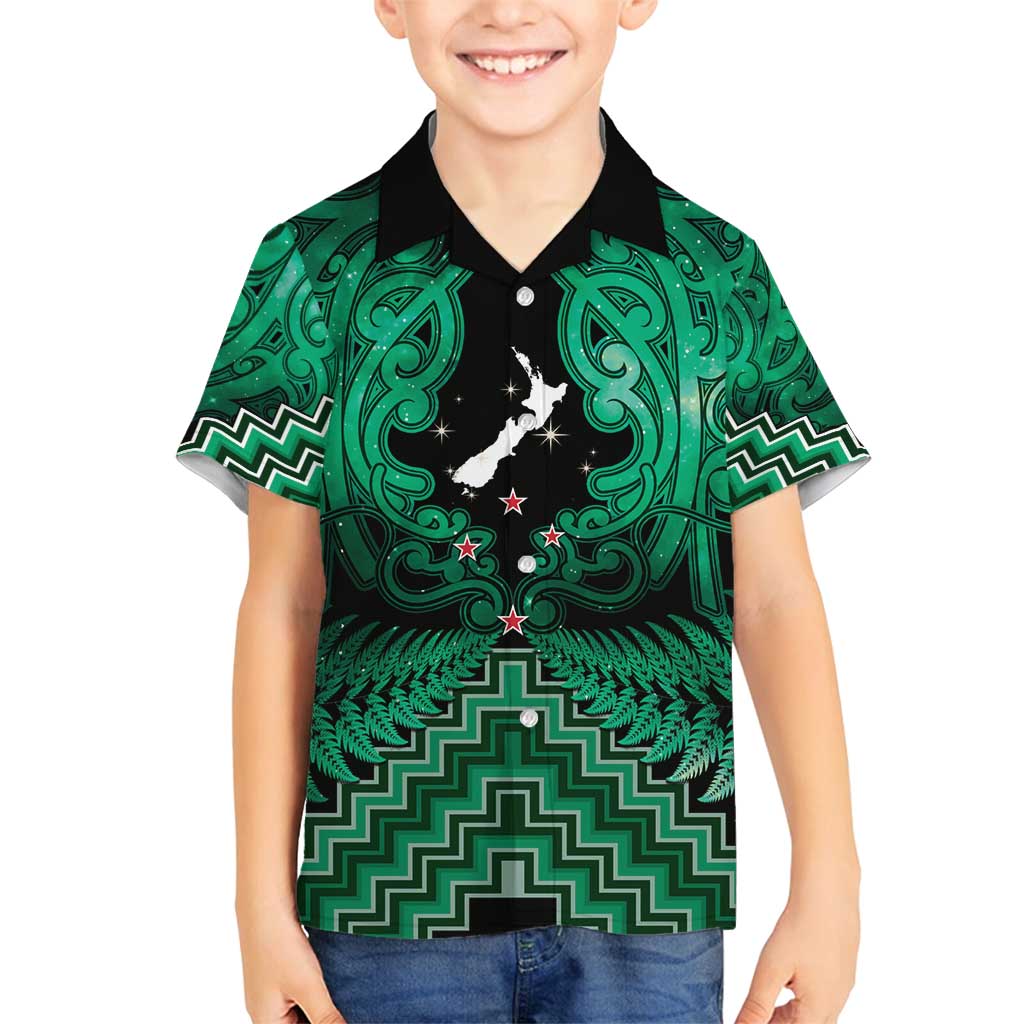 Personalised Aotearoa Matariki Family Matching Long Sleeve Bodycon Dress and Hawaiian Shirt Green Fern Maori Poutama