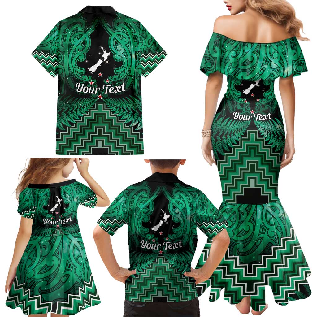 Personalised Aotearoa Matariki Family Matching Mermaid Dress and Hawaiian Shirt Green Fern Maori Poutama