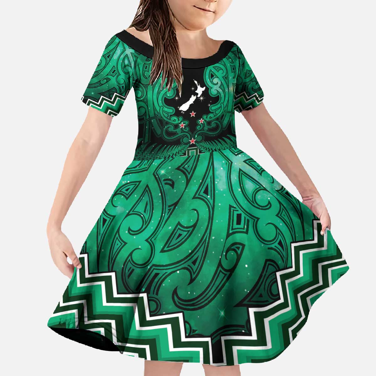 Personalised Aotearoa Matariki Family Matching Off The Shoulder Long Sleeve Dress and Hawaiian Shirt Green Fern Maori Poutama