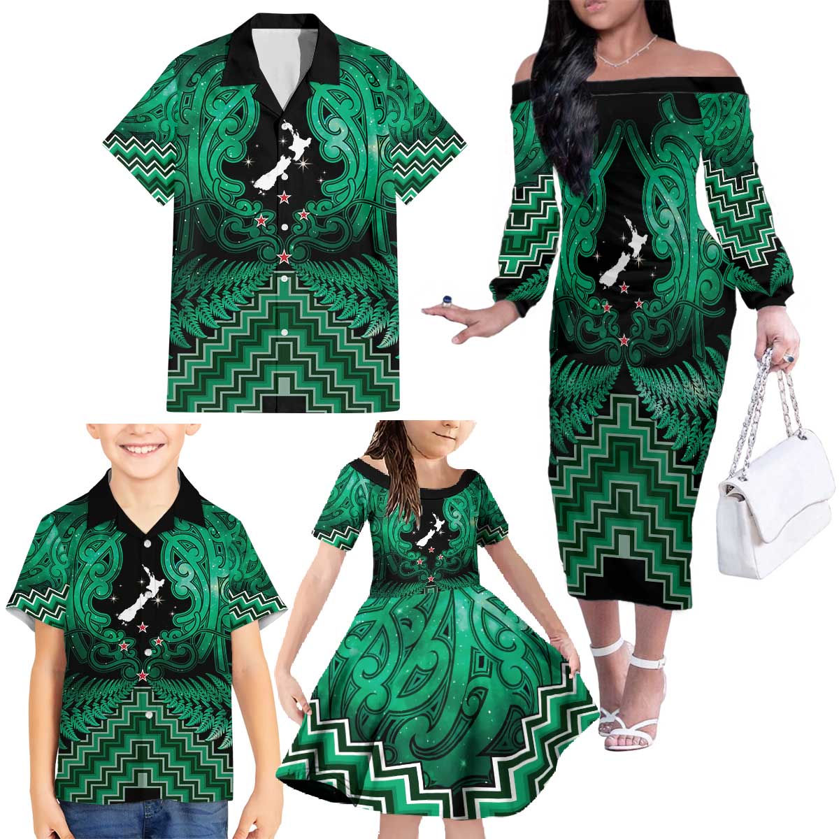 Personalised Aotearoa Matariki Family Matching Off The Shoulder Long Sleeve Dress and Hawaiian Shirt Green Fern Maori Poutama