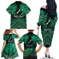 Personalised Aotearoa Matariki Family Matching Off The Shoulder Long Sleeve Dress and Hawaiian Shirt Green Fern Maori Poutama