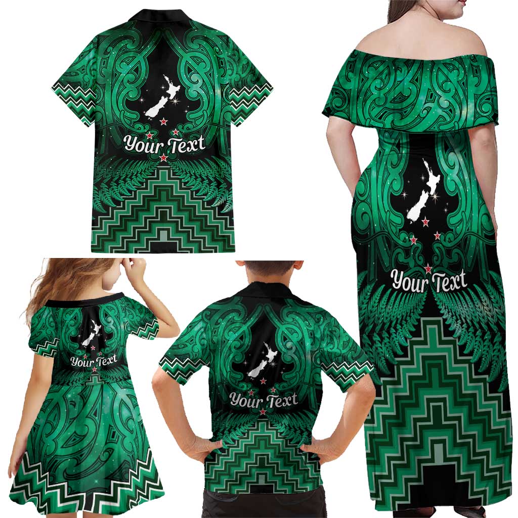 Personalised Aotearoa Matariki Family Matching Off Shoulder Maxi Dress and Hawaiian Shirt Green Fern Maori Poutama