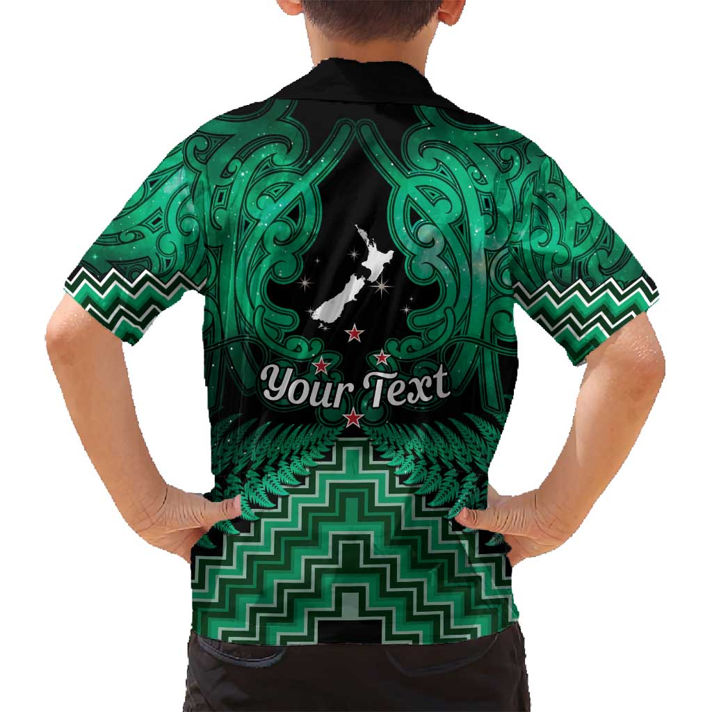 Personalised Aotearoa Matariki Family Matching Off Shoulder Short Dress and Hawaiian Shirt Green Fern Maori Poutama