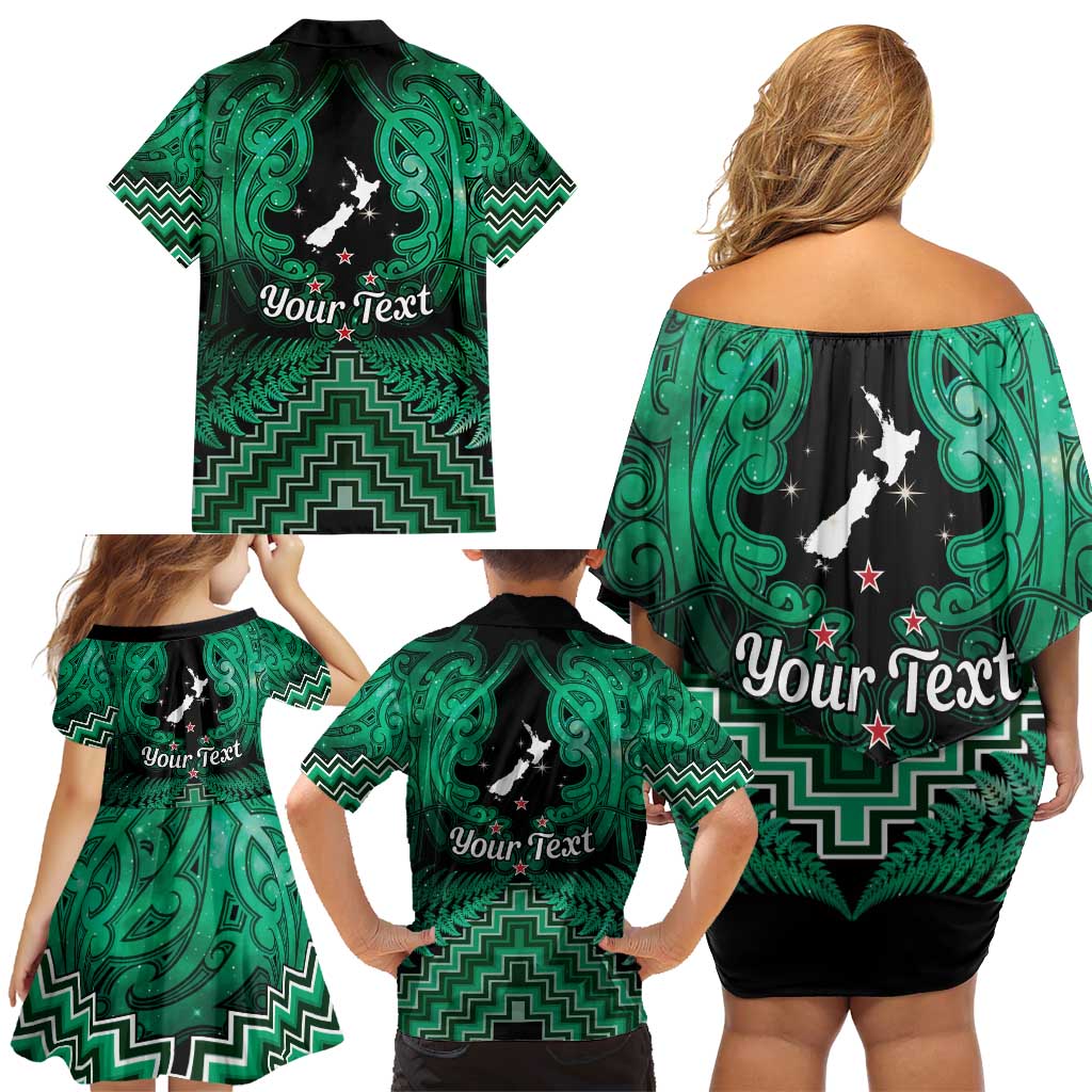 Personalised Aotearoa Matariki Family Matching Off Shoulder Short Dress and Hawaiian Shirt Green Fern Maori Poutama