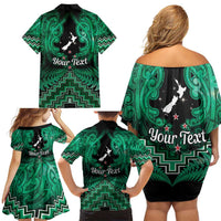 Personalised Aotearoa Matariki Family Matching Off Shoulder Short Dress and Hawaiian Shirt Green Fern Maori Poutama