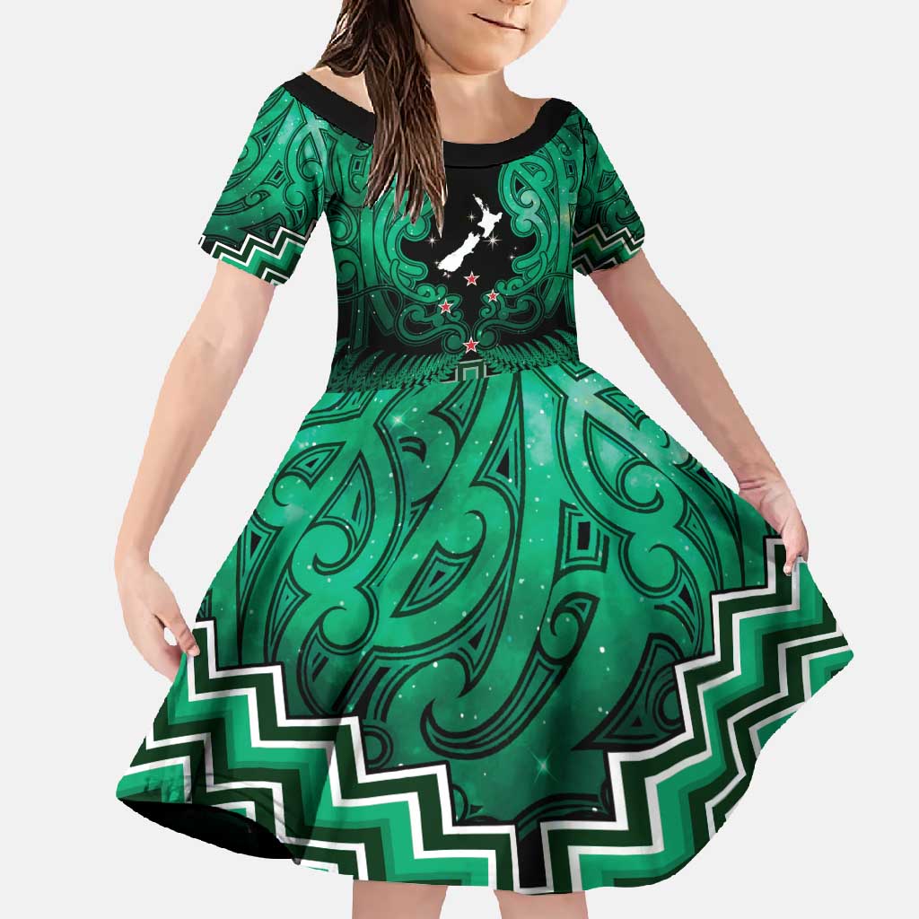 Personalised Aotearoa Matariki Family Matching Short Sleeve Bodycon Dress and Hawaiian Shirt Green Fern Maori Poutama