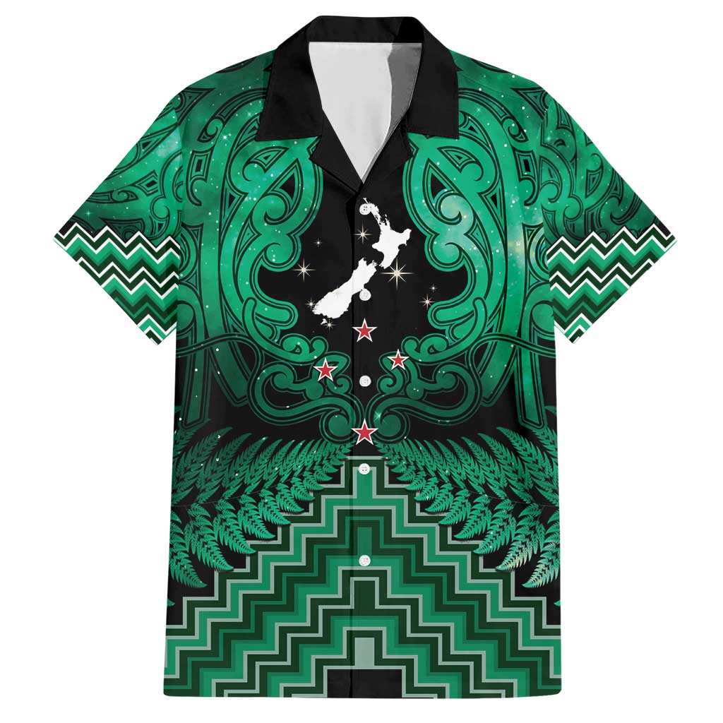 Personalised Aotearoa Matariki Family Matching Short Sleeve Bodycon Dress and Hawaiian Shirt Green Fern Maori Poutama