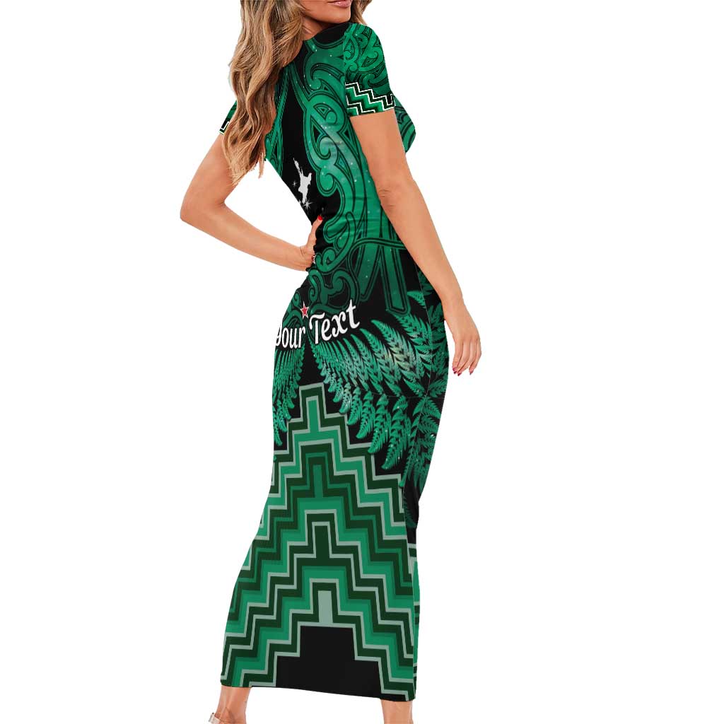 Personalised Aotearoa Matariki Family Matching Short Sleeve Bodycon Dress and Hawaiian Shirt Green Fern Maori Poutama