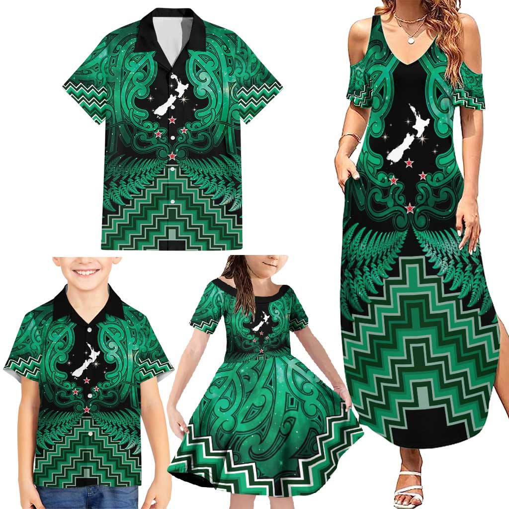 Personalised Aotearoa Matariki Family Matching Summer Maxi Dress and Hawaiian Shirt Green Fern Maori Poutama