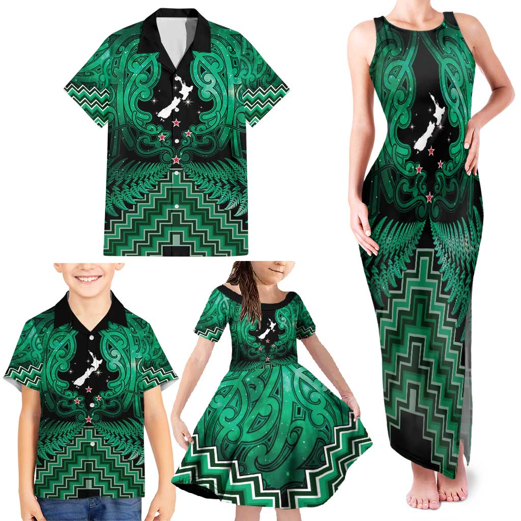 Personalised Aotearoa Matariki Family Matching Tank Maxi Dress and Hawaiian Shirt Green Fern Maori Poutama